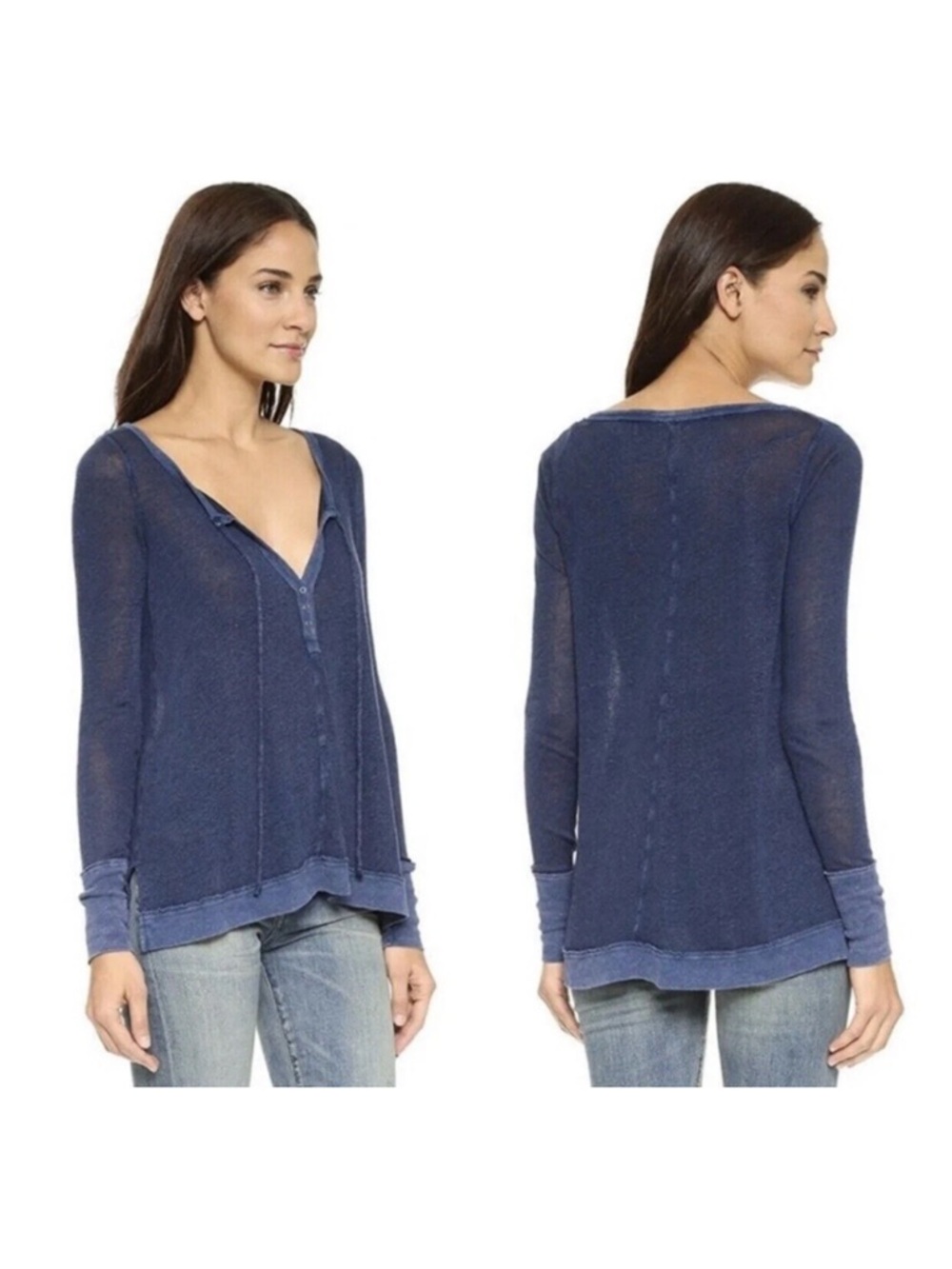 Free People We The Free Affogato Hacci Henley Top Indigo Linen Blend Raw Hem M - Picture 7 of 7